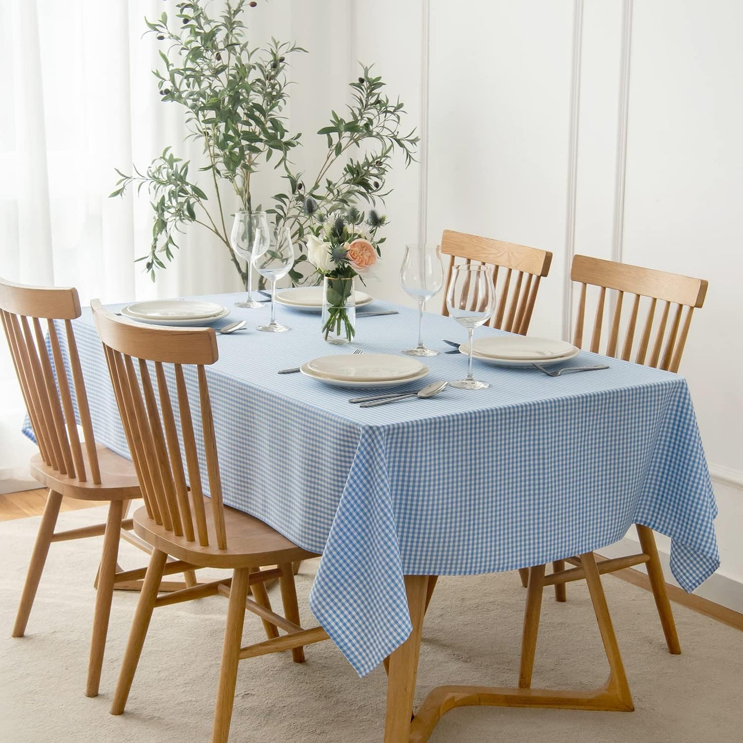 maxmill Checkered Rectangle Tablecloth for Dining Room Water Resistance Antiwrinkle Spillproof Heavy Weight Soft Gingham Plaid Kitchen Table Cloth for Holiday Dinner, 60 x 104 Inch Light Blue White