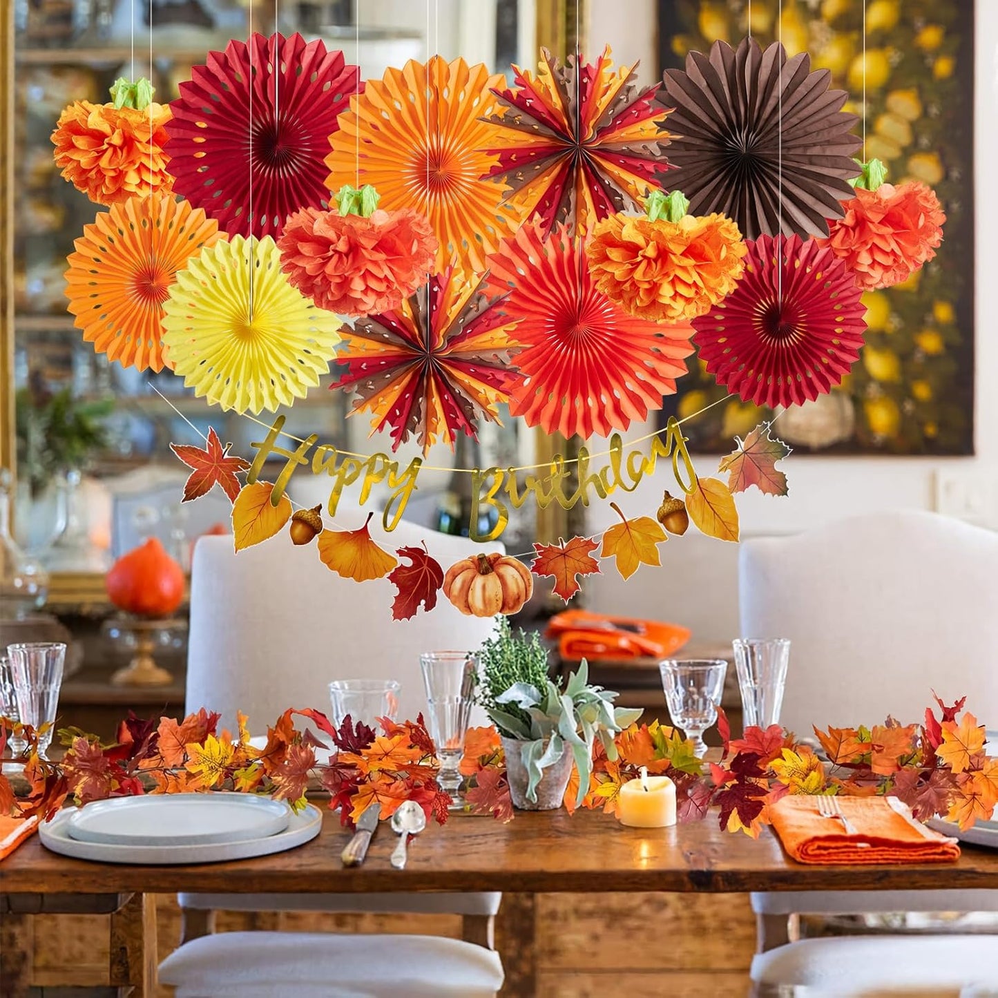 SUNBEAUTY Fall Party Decorations Orange Birthday Decorations Hanging Paper Fan Pumpkins Paper Pom poms Maple Leaves Happy Birthday Banner for Thanksgiving Autumn Harvest Classroom Office Party