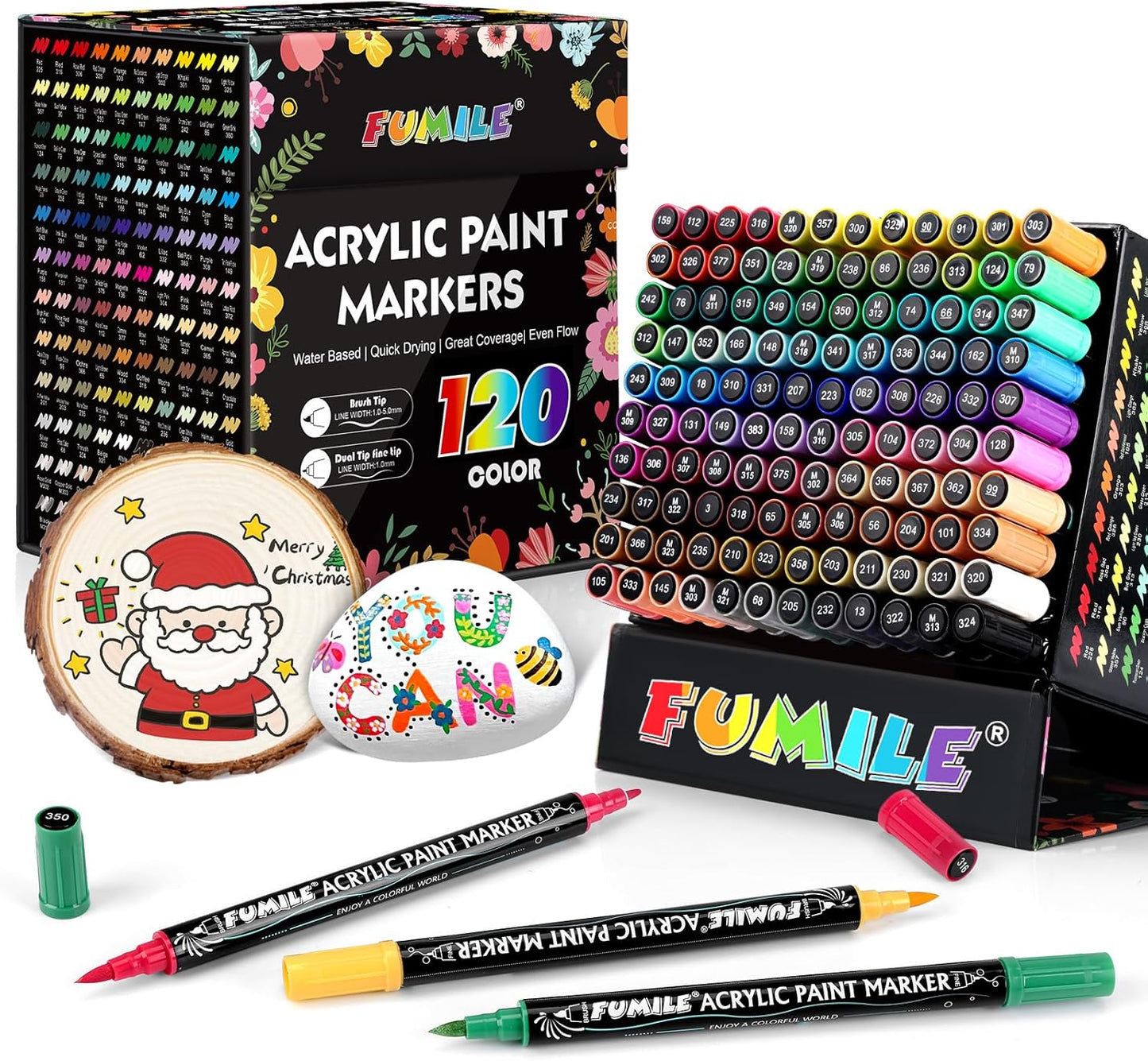 FUMILE 120 Colors Acrylic Paint Markers Dual Tip(Fine and Brush Tip), Acrylic Paint Pens paint Marker for Wood, Rock, Plastic, Glass, Ceramic, Canvas.Acrylic Markers Set for Art Supplies.