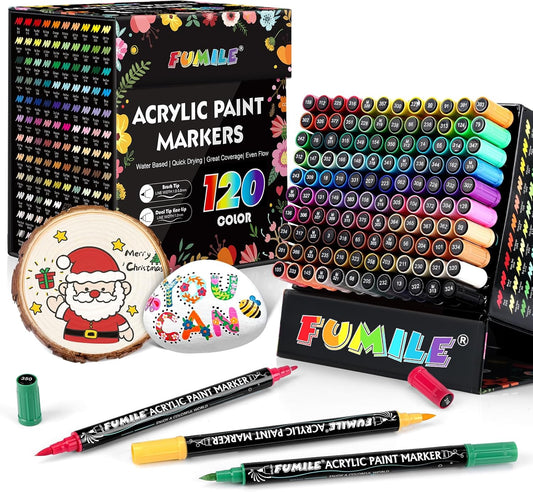 FUMILE 120 Colors Acrylic Paint Markers Dual Tip(Fine and Brush Tip), Acrylic Paint Pens paint Marker for Wood, Rock, Plastic, Glass, Ceramic, Canvas.Acrylic Markers Set for Art Supplies.