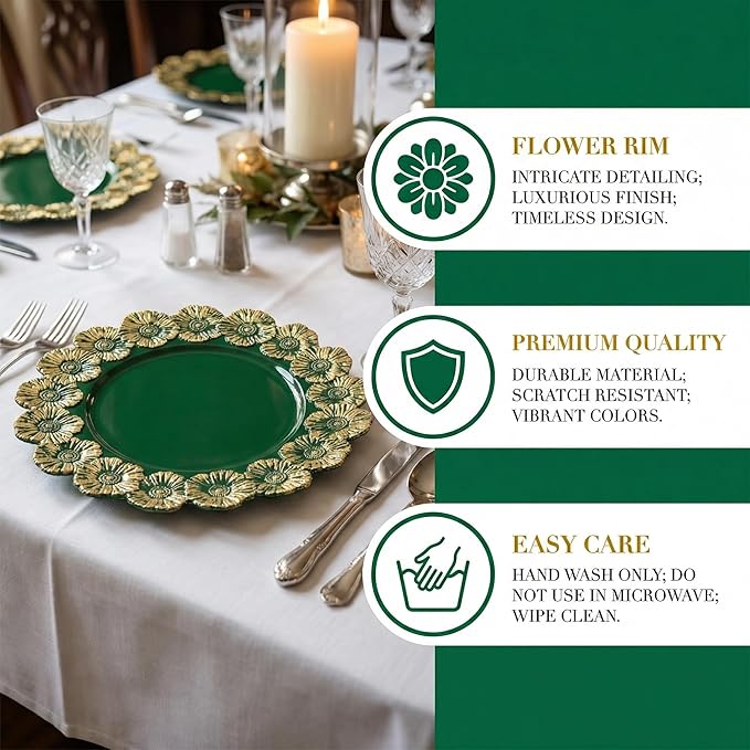 Green Charger Plates with Flower Rim, 13" Round Charger for Dinner Plates, Set of 6 Plastic Plate Chargers for Halloween, Thanksgivng, Christmas.