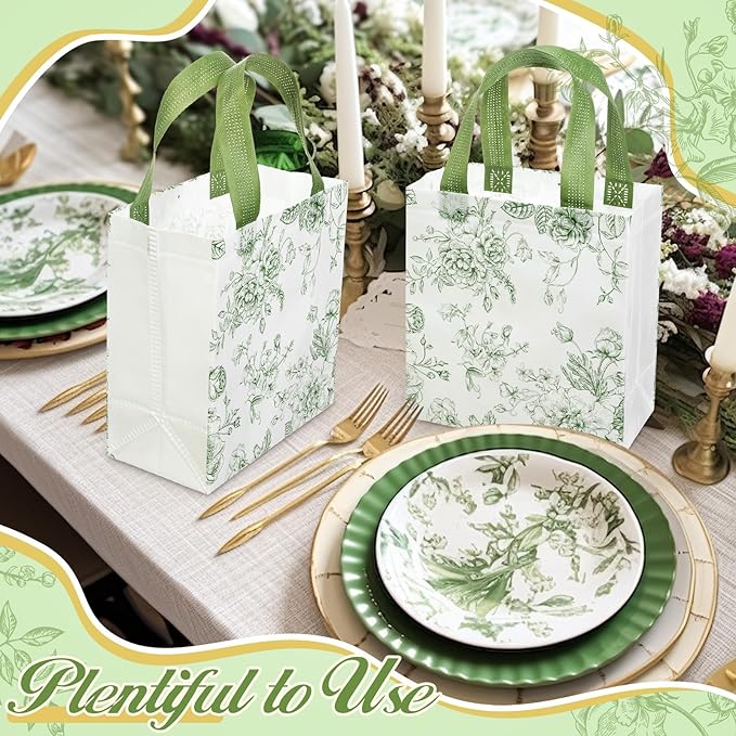 HunnmingRe 30 Pcs Sage Green Floral Gift Bags Floral Gifts Bag with Handles Bulk Wedding Bridal Shower Party Favor Non Woven Reusable Tote for Women Baby Shower Birthday Tea Fall Party Supplies