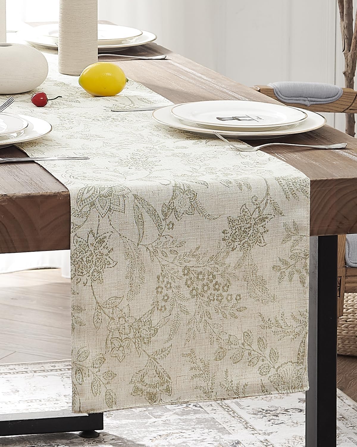 jinchan Spring Table Runner Linen Farmhouse Table Cloth Green Floral Decorative 72 Inch Botanic Printed Burlap Handcrafted Flax Coffee Table Decor 1 Panel Sage Green on Beige