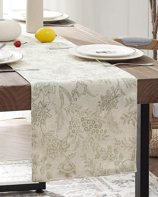 jinchan Spring Table Runner Linen Farmhouse Table Cloth Green Floral Decorative 72 Inch Botanic Printed Burlap Handcrafted Flax Coffee Table Decor 1 Panel Sage Green on Beige