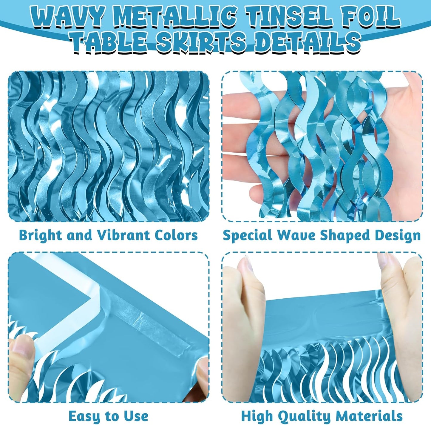 2 Pack Light Blue Table Skirt, Gender Reveal Desk Grass Skirt for Table, Under The Sea Party Wavy Tinsel Foil Fringe Table Skirts, Foil Table Skirts Oktoberfest Birthday Indoor Party Decor