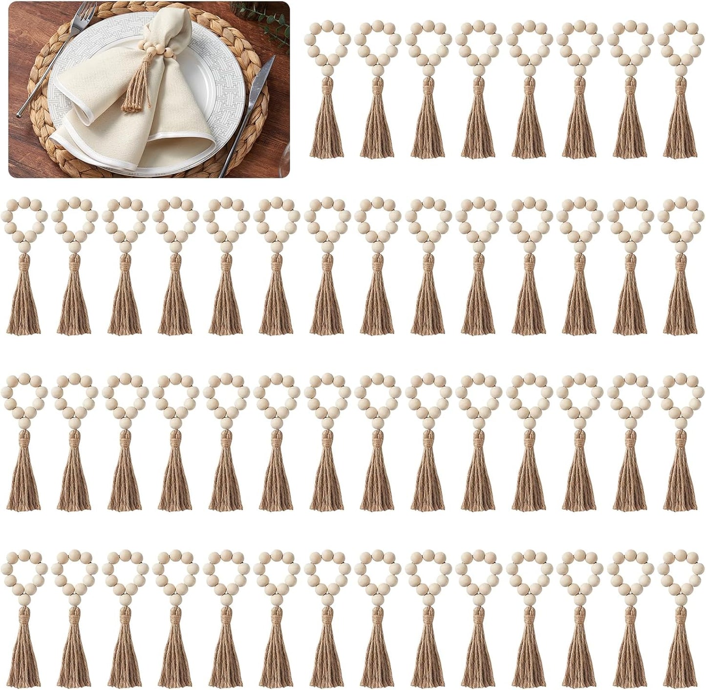 APTWOW Napkin Rings Set of 50, Wooden Napkin Rings, Wood Bead Napkins Rings for Table Decor, Farmhouse Napkins Rings for Boho Table Decor, Family Banquet, Wedding, Holiday Dinner Party