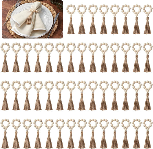 APTWOW Napkin Rings Set of 50, Wooden Napkin Rings, Wood Bead Napkins Rings for Table Decor, Farmhouse Napkins Rings for Boho Table Decor, Family Banquet, Wedding, Holiday Dinner Party