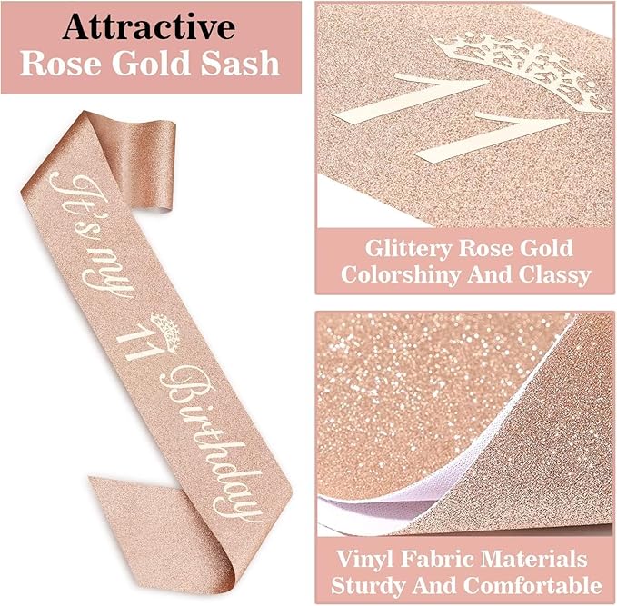 11th Birthday Decorations for Girls, Including 11th Birthday Sash and Tiara, 11 Candles and Cake Toppers, Rose Gold 11 Balloons and 3D Birthday Card, 11th Birthday Gifts for Girls 11 Year Old Birthday Party