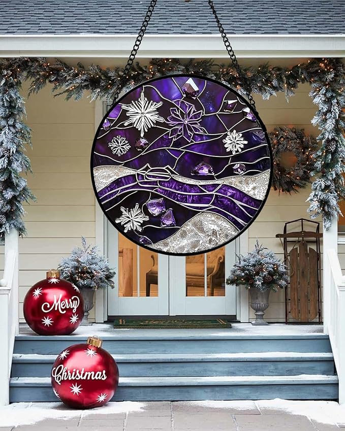 Stained Glass Window Hanging - Silver Purple Snowflakes Suncatcher for Doors Home Christmas Decoration Sun Catcher Thanksgiving New Year Birthday Gifts for Friend Women Men Mom Nana 11.8 in