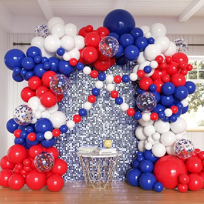 Red White and Blue Balloons Garland Arch Kit, 162pcs Different Sizes with Red White Blue Confetti Balloons for 4th of July Graduation Nautical Birthday Baseball Theme Party Decorations
