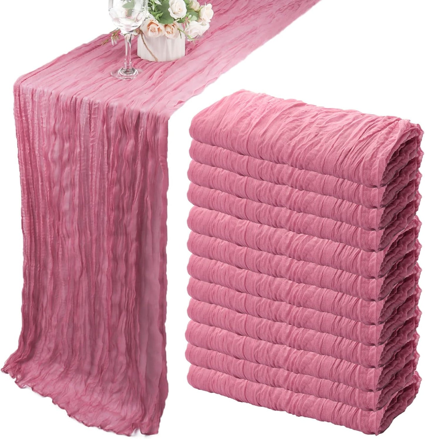 12 Pack 10Ft Cheesecloth Table Runner 35x120 Inch Boho Gauze Table Runner Rustic Cheese Cloth Long Romantic Table Runners for Wedding Bridal Shower Birthday Party Table Decor (Dusty Rose)