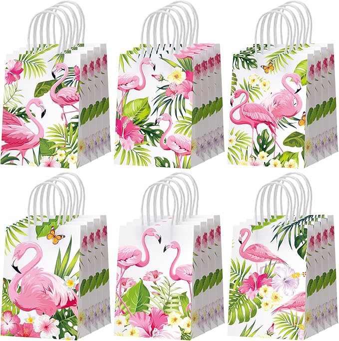 Resholder 30 Pcs Flamingo Gift Bags with Handles Aloha Hawaiian Tropical Party Favors Pouch Luau Palm Tree Goodie Paper Bags Flamingo Portable Candy Treat Pouch for Birthday Beach Pool Party Supplies