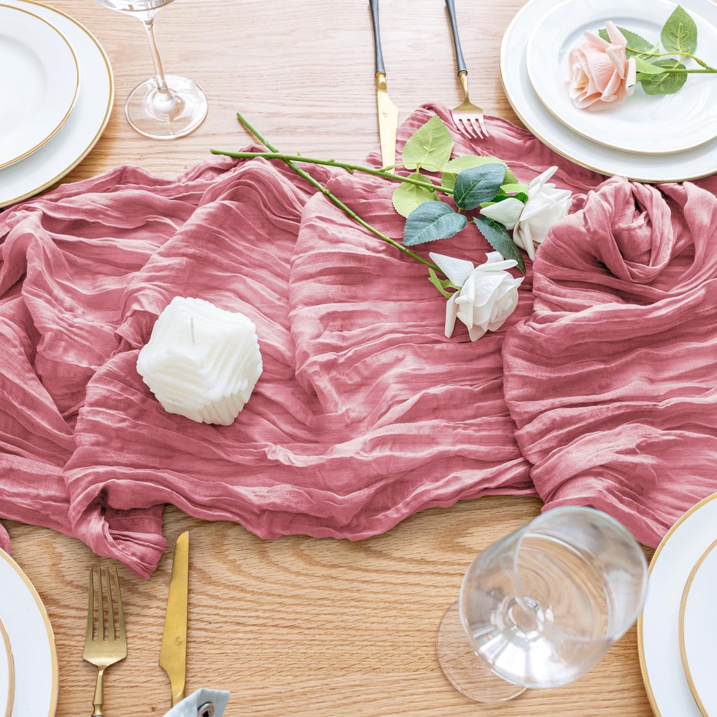 Wokceer Cheesecloth Table Runner 3Pack 10FT Dusty Rose Boho Gauze Cheese Cloth Table Runner for Party Long Rustic Sheer Table Runners for Baby Bridal Shower Wedding Easter Table Decor