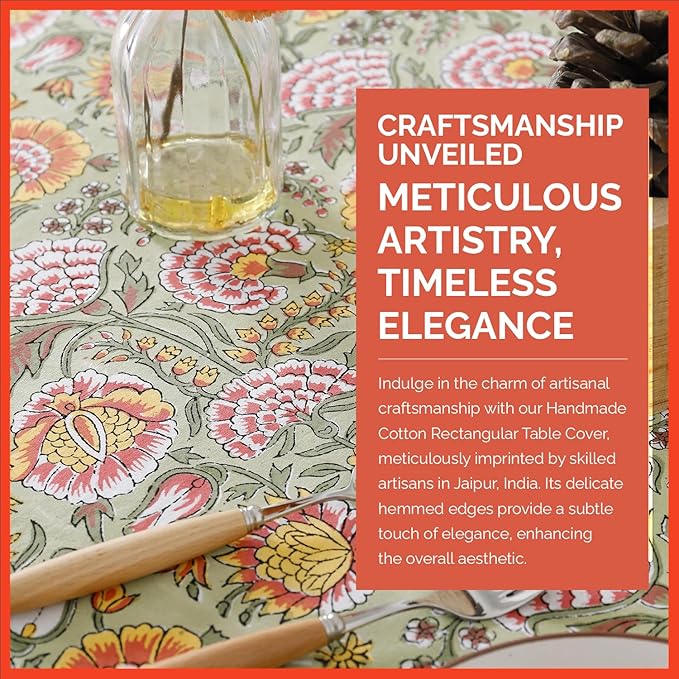 Labhanshi Indian Hand Block Print Rectangle Table Cover for Kitchen Dining Table|6 Seater Picnic Camping Outdoor Cotton Fall Table Cloth|Spring Easter Table Cloth Decor 60 X 90 Inches Burnt Orange
