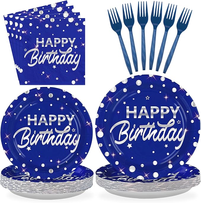 Grencian 96Pcs Blue and Silver Birthday Party Decorations Supplies Silver Polka Dots on Happy Birthday Blue Paper Plates and Napkins Disposable Tableware for Women Men Party Decorations Serves 24