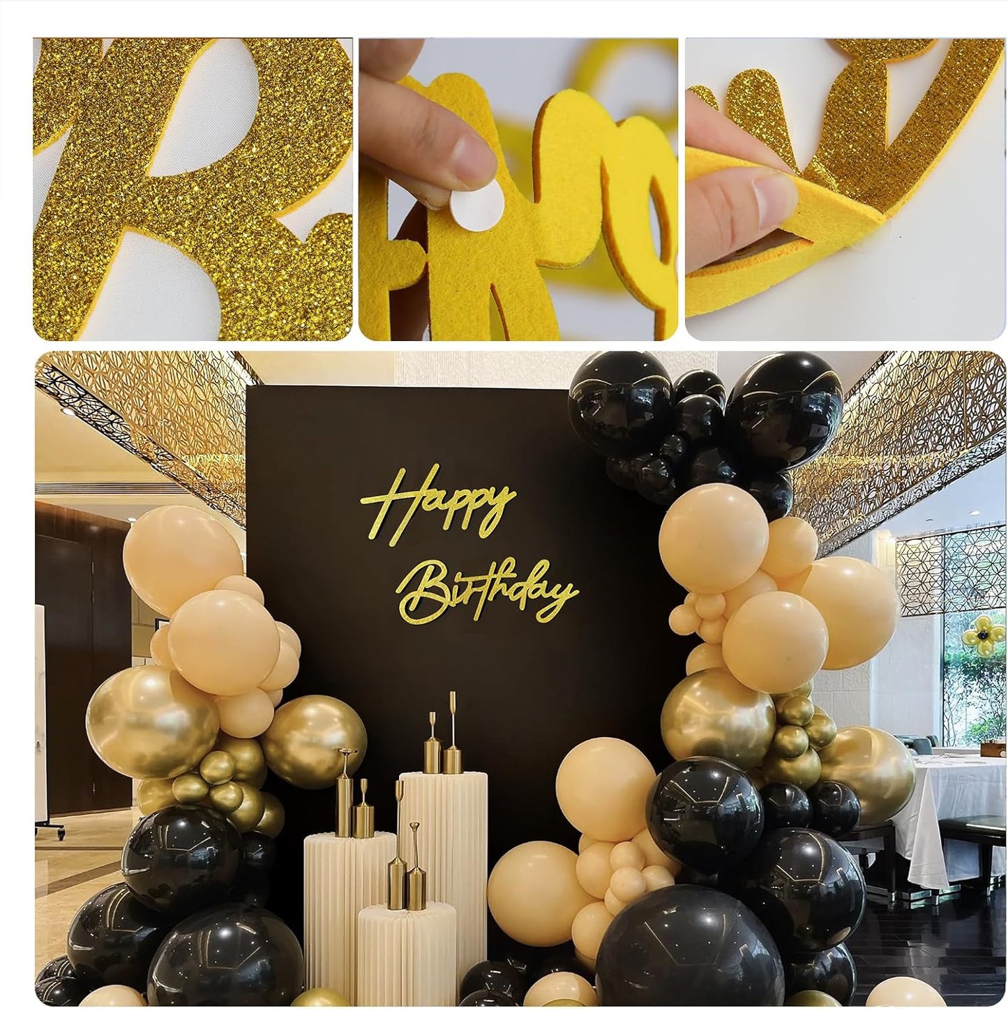 Glitter Gold Happy Birthday Sign for Arch Backdrop - Felt Happy Birthday Letters Signs for Balloon Arch Wall Decorations Large Happy Birthday Remove Logo for Baby Girl Women Party Decor