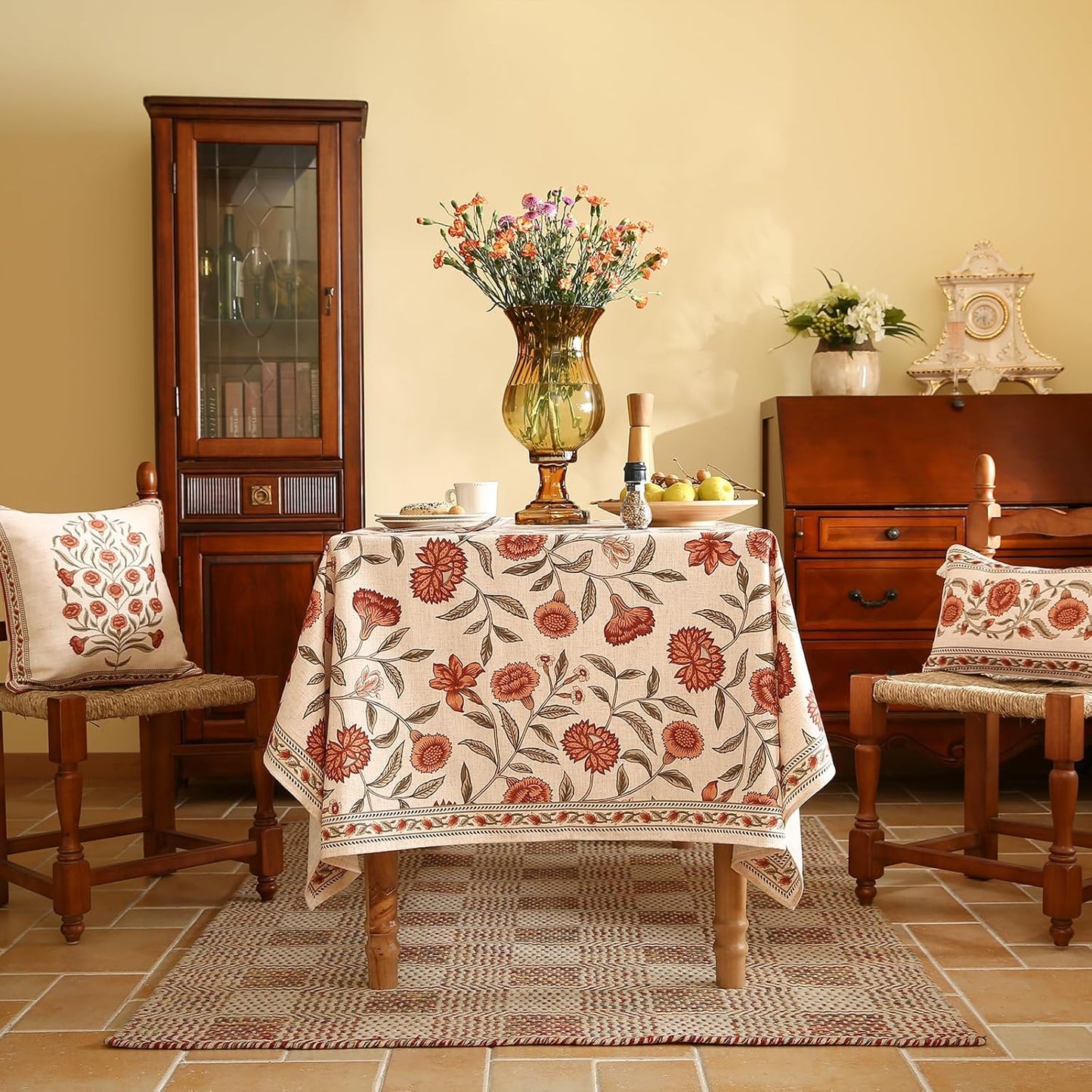 ISAENNE Designer French Long Rectangular Tablecloth,Linen Orange Floral Pattern Indoor Table Cloth,Wrinkle Resistant Decor Table Cloth for Dining Thanksgiving Kitchen Party,63"*94"-Alvarado D