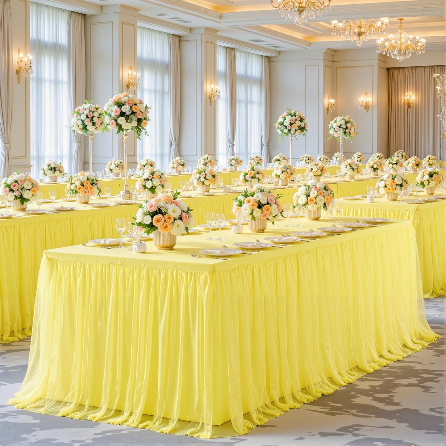 6 Pack Yellow Tulle Tablecloth for 6 Foot Rectangular Tables 6ft Yellow Rectangle Table Cloths Wrinkle Free Table Cover with Tutu Skirt for Birthday Cocktail Banquet Buffet Lemon Fruit Party Decor