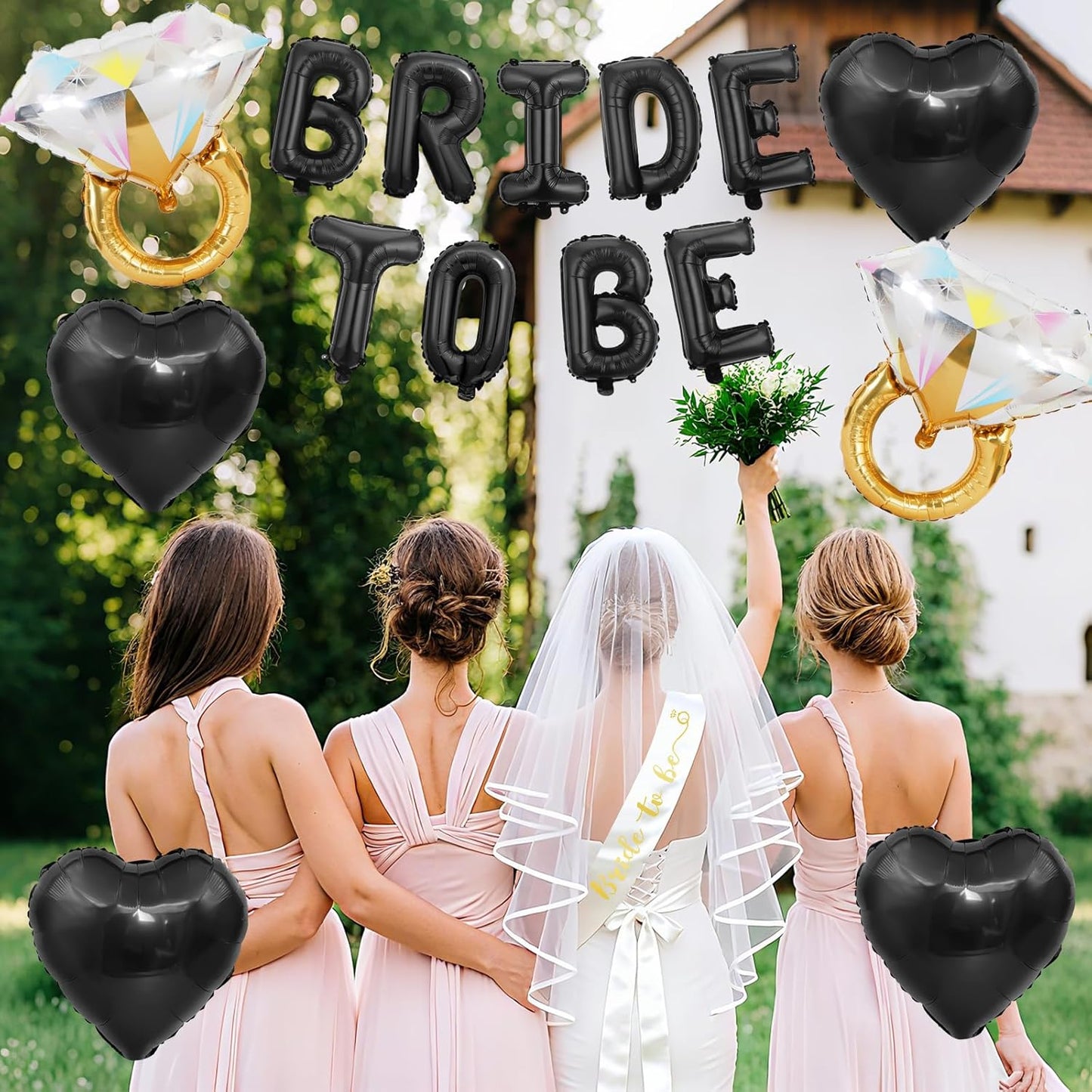 Black Bachelorette Party Decorations, Black Bride to Be Banner Heart Balloons with Diamond Ring Foil Balloon, Gold Bride to Be Sash&Veil for Bachelorette Engagement Gift Bridal Shower Party Supplies