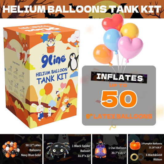 Helium Tank for Balloons At Home 13L Helium Tank,50 12-Inch Orange&Black Balloons, 5 Foil Balloons, 8 Accessory Tools