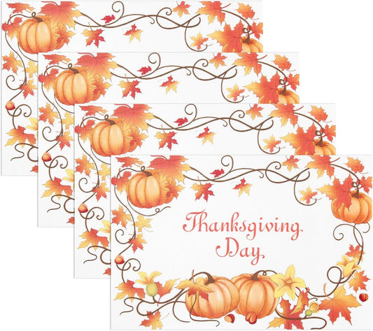 Thanksgiving Placemats Set of 4 Fall Place Mats Pumpkin Maple Leaves Table Mats Washable Non-Slip Heatproof Woven Placemats for Dining Table (17.7" X 11.8")