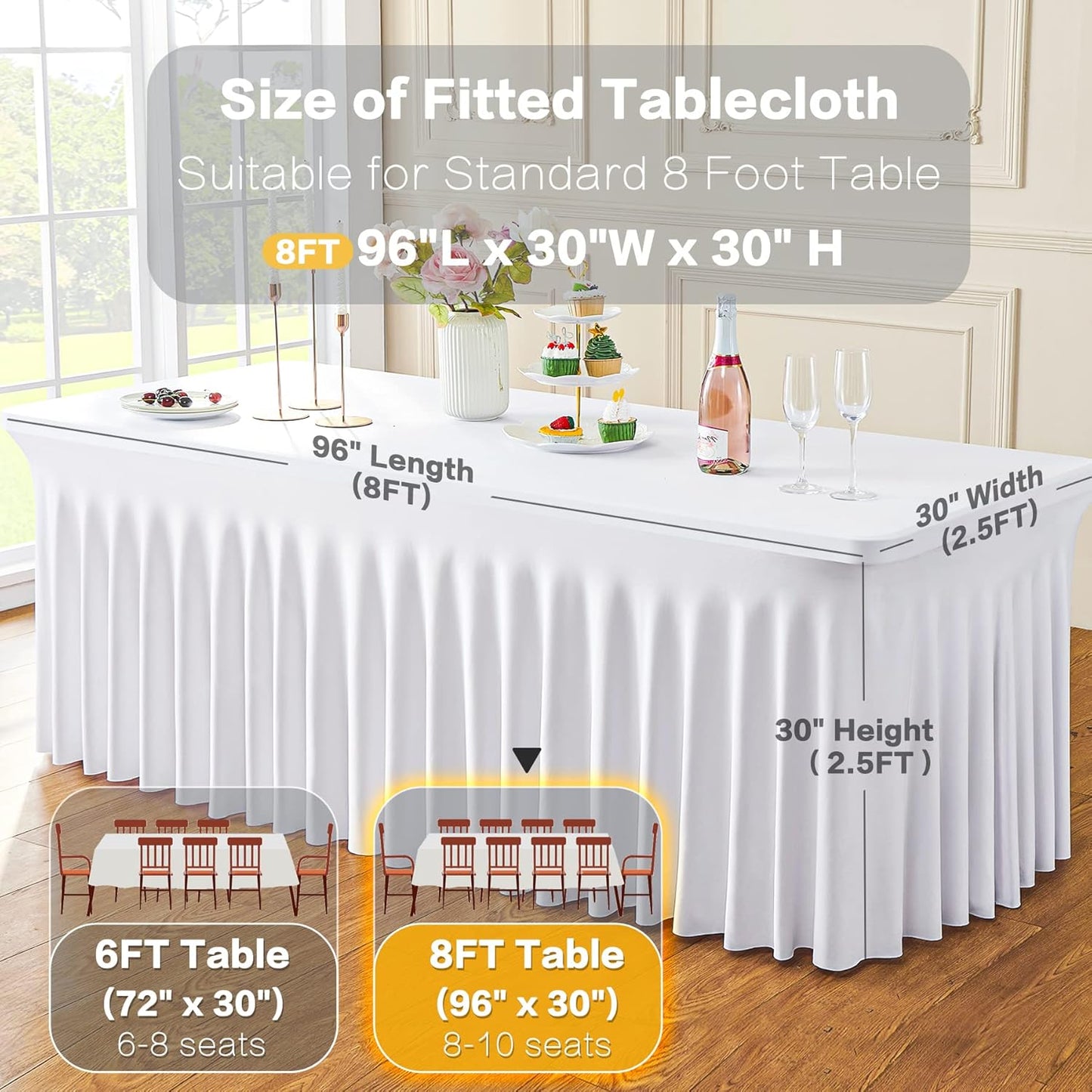 White Spandex Table Clothes for 8 Foot Rectangle Tables, Wrinkle Free Fitted Tablecloths Desk Skirt Stretchy Table Cloth Cover 8ft for Parties Weddings Birthday Banquet Baby Shower