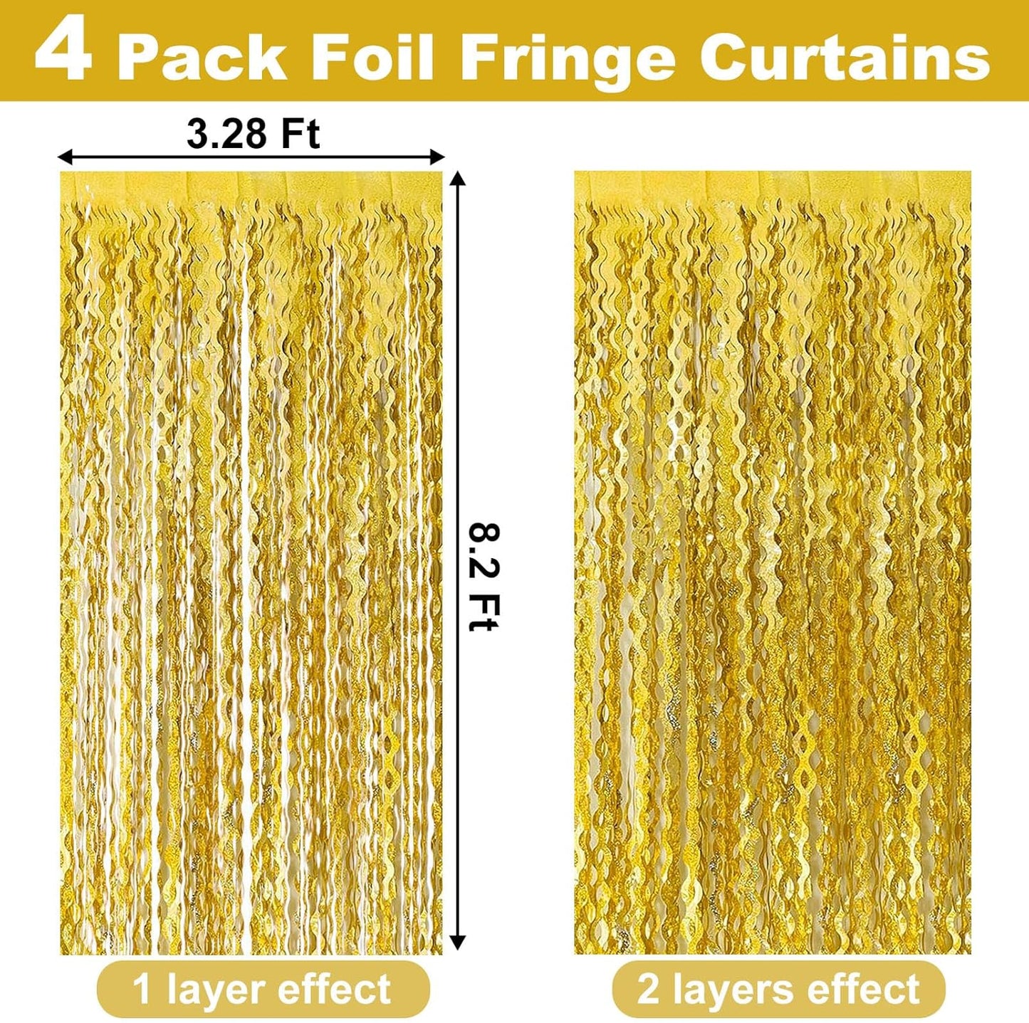4 Pack Gold Fringe Curtain Backdrop 3.2Ft x 8.2Ft Metallic Tinsel Foil Fringe Streamers Background for Photo Booth, Easter, Mother's Day, Bachelorette, Wedding, Birthday Party Decoration