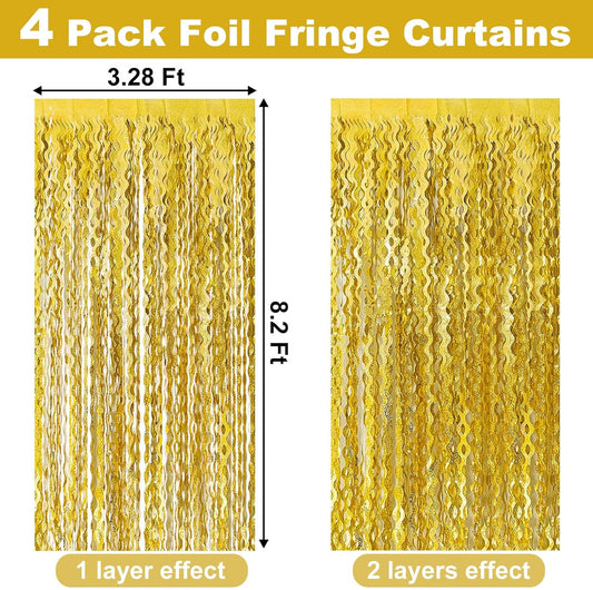 4 Pack Gold Fringe Curtain Backdrop 3.2Ft x 8.2Ft Metallic Tinsel Foil Fringe Streamers Background for Photo Booth, Easter, Mother's Day, Bachelorette, Wedding, Birthday Party Decoration