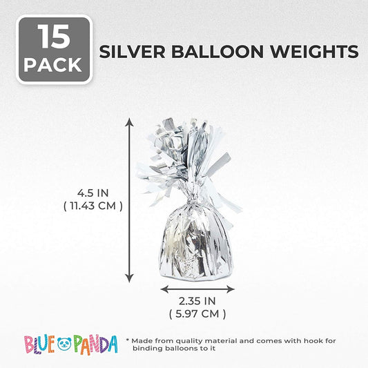 BLUE PANDA Balloon Weights - 4.5 x 2.35 in, Silver, 15 Pack - Table Balloon Stand Weight & Holder with Tinsel Tassel Fringe & Hook