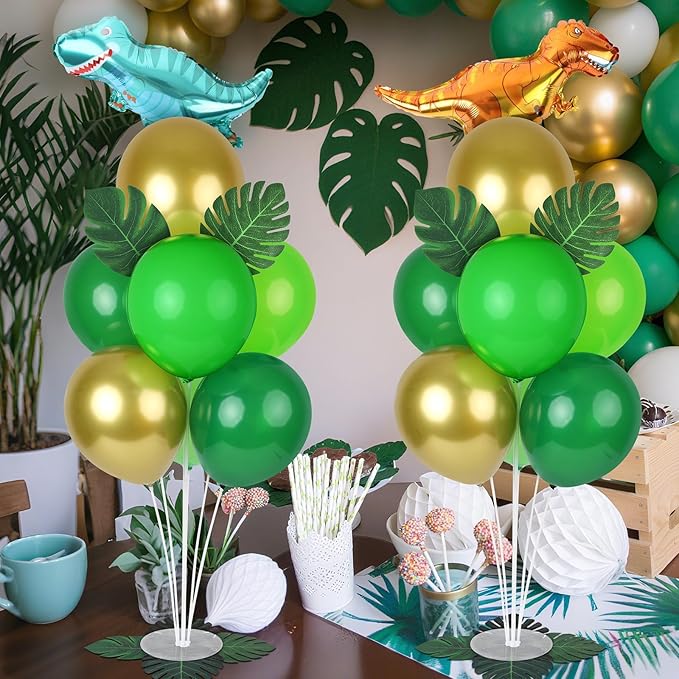 6 Sets Jungle Safari Balloon Stand Kit for Table Gold Green Balloons Dinosaur Party Tables Centerpiece with Palm Leaves for Animal Wild One Birthday Baby Shower St Patricks Day Party Supplies
