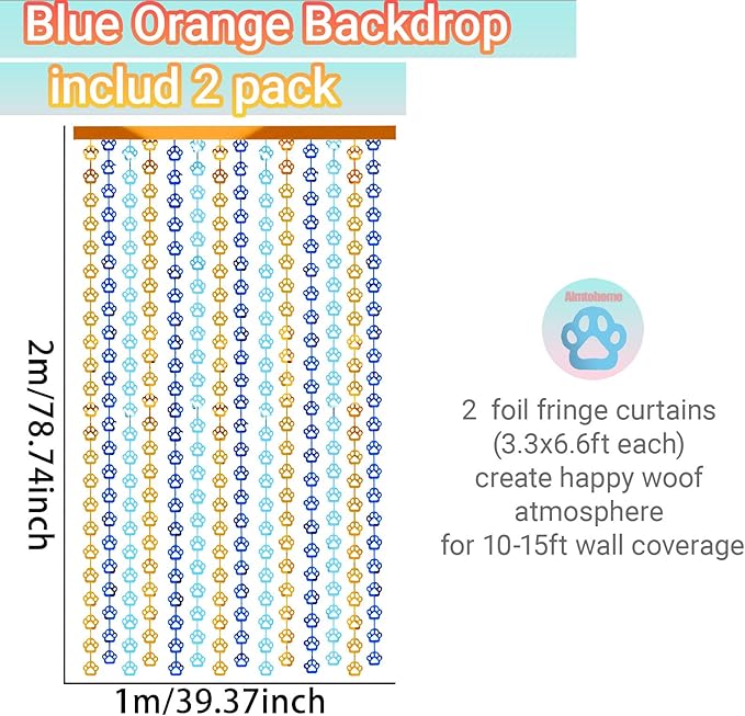 Blue Orange Party Decorations - 2 Packs Dog Paw Foil Fringe Streamers Curtains for Boys Girls Birthday Backdrop Decorations, Photo Booth Prop (3.3x6.6 ft)