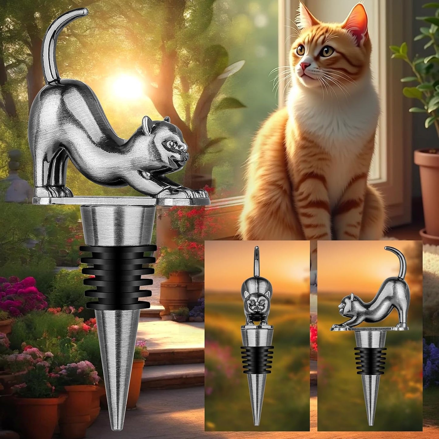 LKKCHER Cat Wine Bottle Stopper, Cat Decorative Gifts for Kitty Lovers Women Men, Birthday Fathers Day Christmas Gifts for Women Men, Silver Wine Saver with Bag