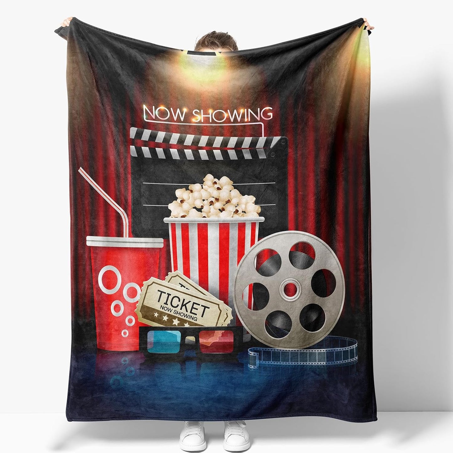 Movie Theater Theme Blanket Gifts for Women Girls Boys Men Cinema Clapboard Film Popcorn Print Presents for Kids Adults Teen Birthday Christmas Decor Home Couch Sofa Soft Cozy Flannel Throw 60"x50"