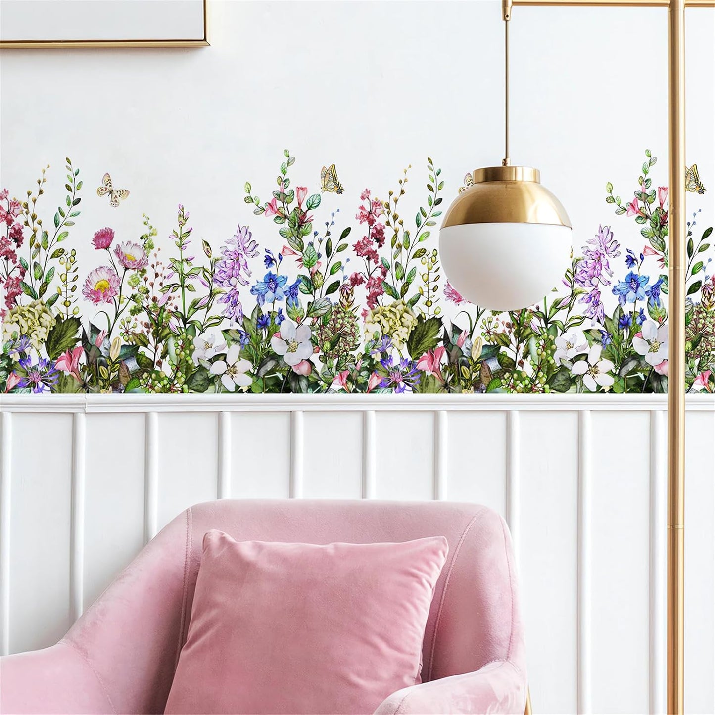 Colorful Flower Butterfly Greenery Wall Sticker,sacinora Floral Art Green Plants Wall Decal Removable Vinyl Peel and Stick for Living Room Bedroom Children's Room Kitchen Sofa TV Background Decoration