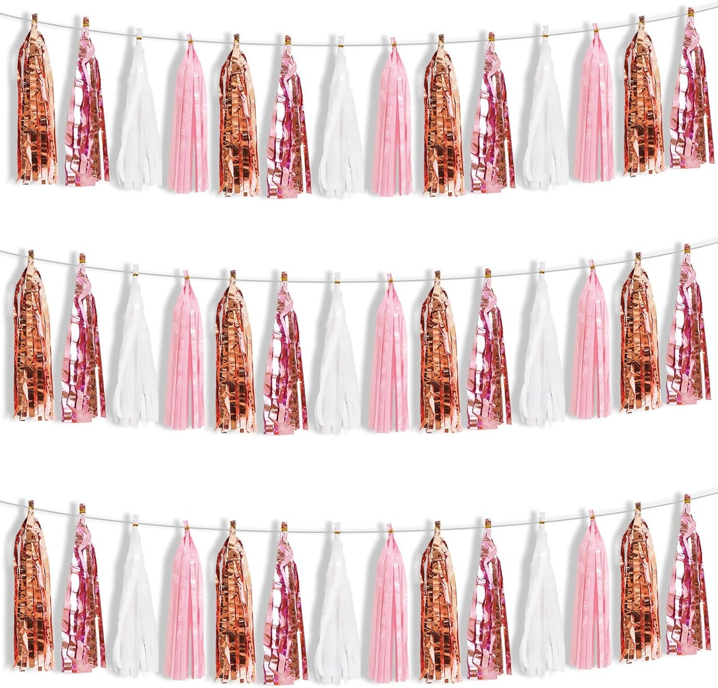 BEISHIDA 3 Packs White Pink Rose Metallic Foil Fringe Tassel Garland, Tassels Banner Streamers for Car Floats Bridal/Baby Shower Birthday Wedding Halloween Christmas Holiday Party Decoration