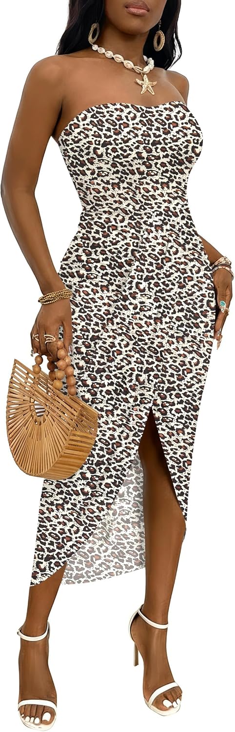 Umenlele Women's Strapless Ruched High Waist Wrap Split Asymmetrical Beach Maxi Long Dress