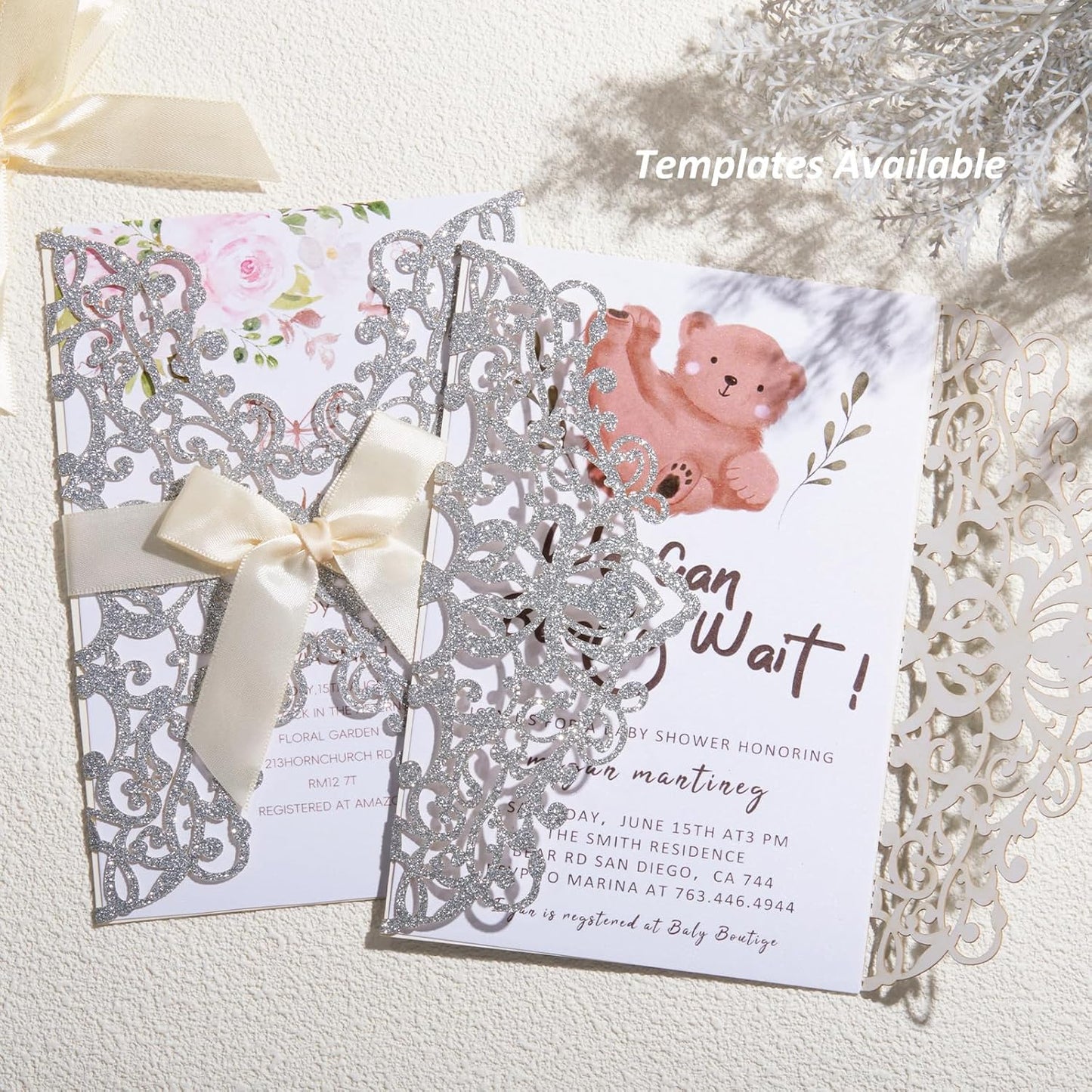 50Pcs Glitter Floral Laser Cut Wedding Invitation Cards with Envelope Blank Inner Sheet and Ribbon for Wedding Engagement Bridal Shower Party Invite(7.09 X 4.92inch, Silvery)