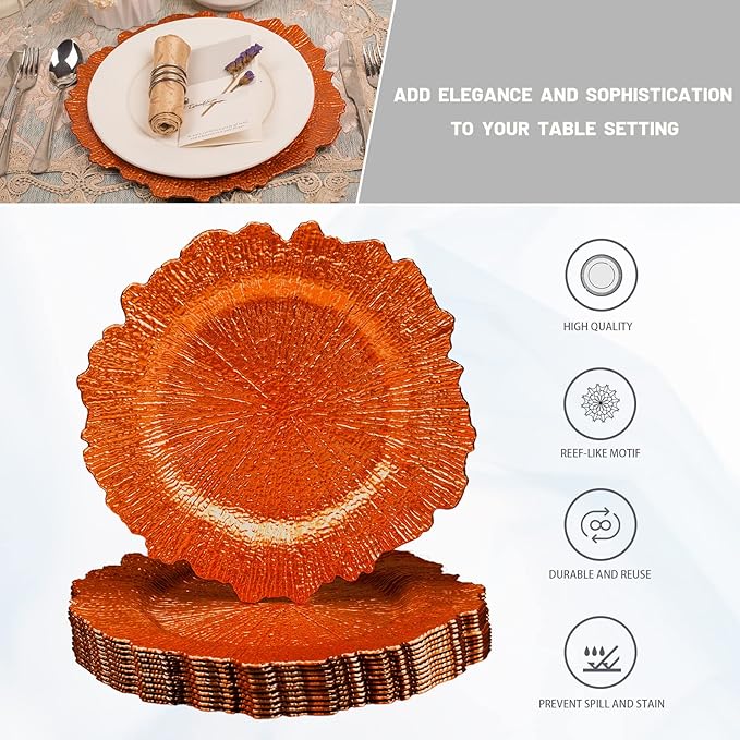 MAONAME 13" Orange Charger Plates, Round Reef Chargers for Dinner Plates, Plastic Plate Chargers for Table Setting, Wedding Decor, Set of 12