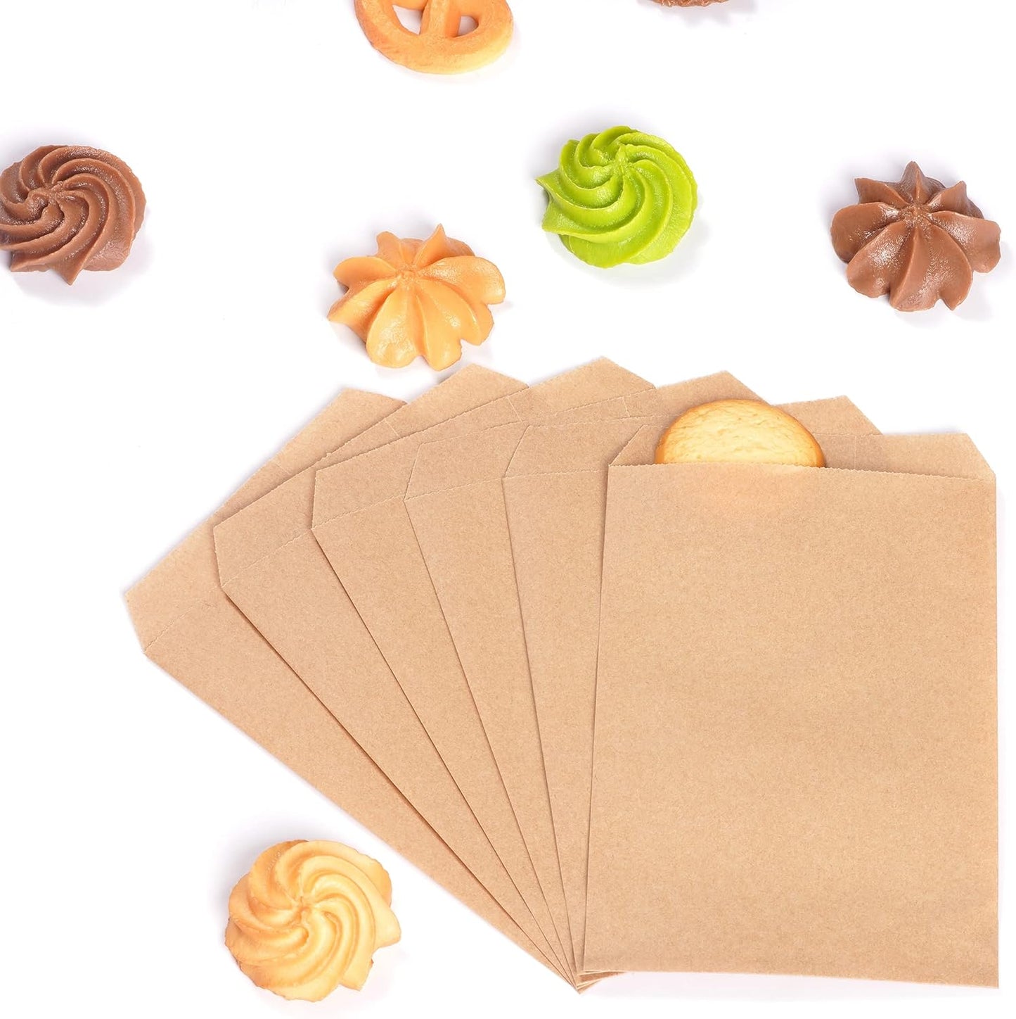 Quotidian Brown Flat Medium Greaseproof Kraft Paper Bags 4" x 6" (10 x 15.2cm) Pack of 100 - Bakery Cookies Candies Dessert Soap