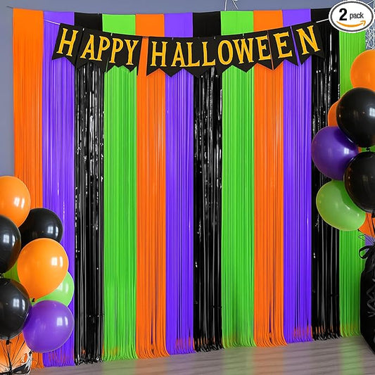 4 Packs Halloween Foil Fringe Curtain, Orange Black Purple and Green Metallic Tinsel Backdrop for Birthday, Baby Shower, Bachelorette, Halloween Party Decorations Favors Supplies Indoor Outdoor