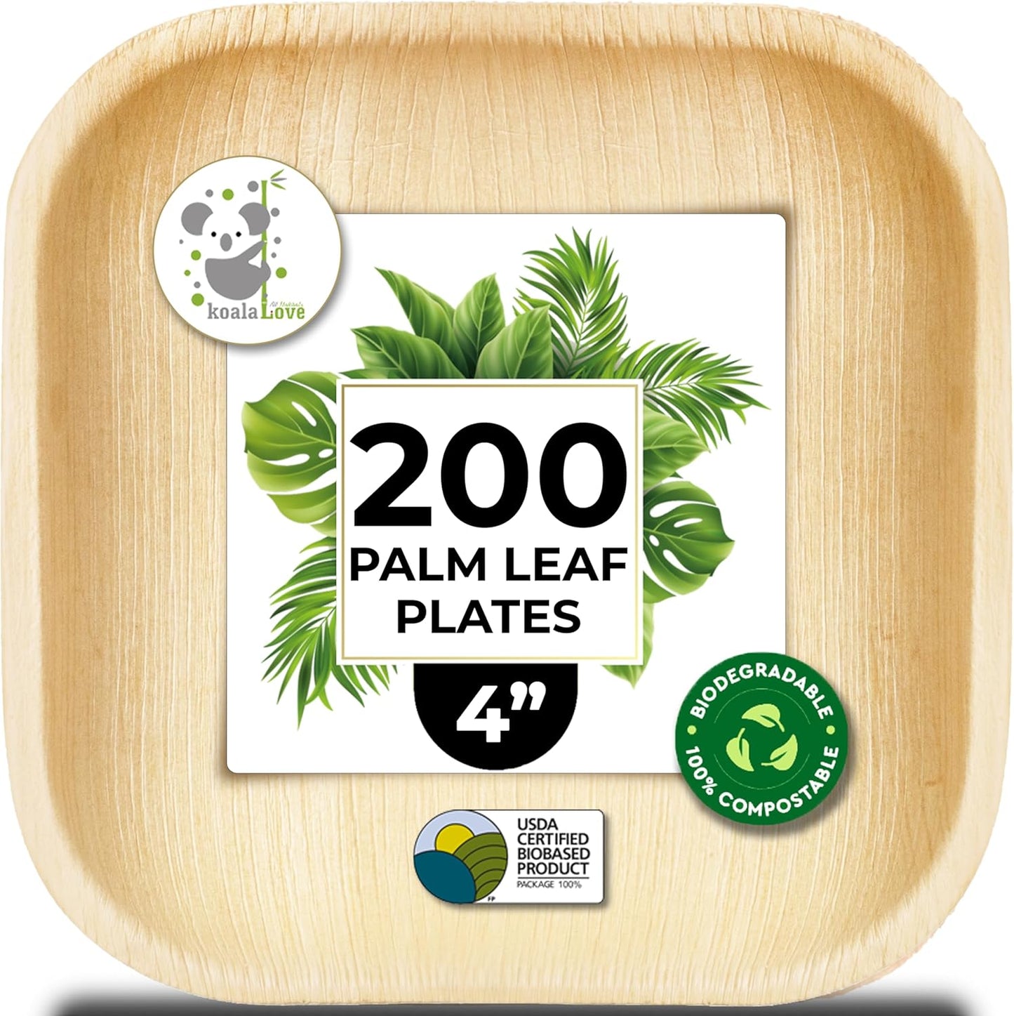 Palm Leaf Plates Bamboo Paper Disposable 4 Inch 200 Bulk Appetizer and Dessert Square Plate Party Pack Eco Biodegradable Compostable Wooden Better Than Plastic Plates By KoalaLove