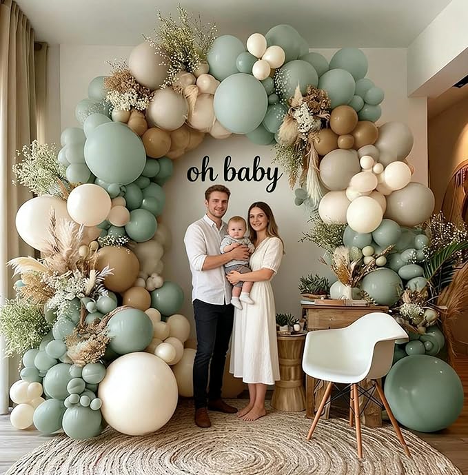 Dusty Green Tan Balloon Arch Kit Double Stuffed, Light Sage Green White Sand Brown Apricot Pastel Neutral Balloon Garland for Boho Baby Shower Birthday Wedding Woodland Wild One Gender Reveal Party