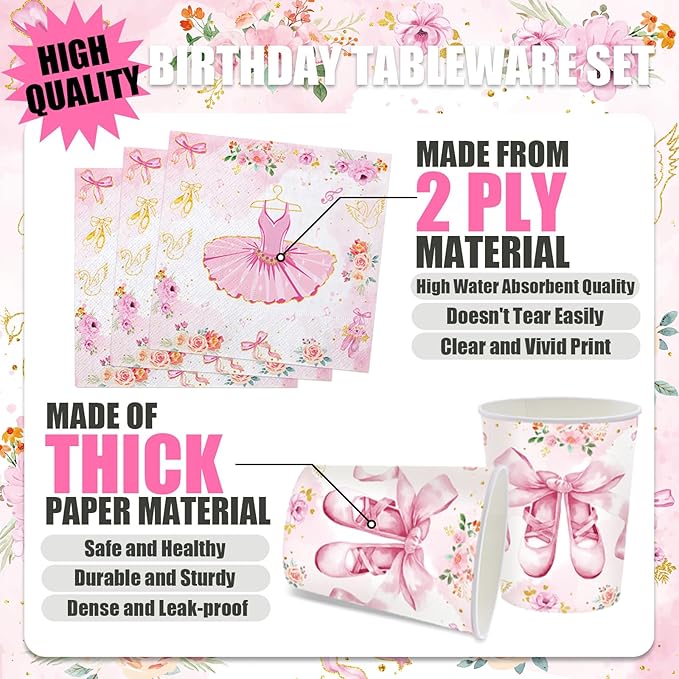 Ballerina Party Supplies Set Ballet Theme Tableware Kit with Plates and Napkins for 1st 2nd Birthday Decorations Serve 24 Guests