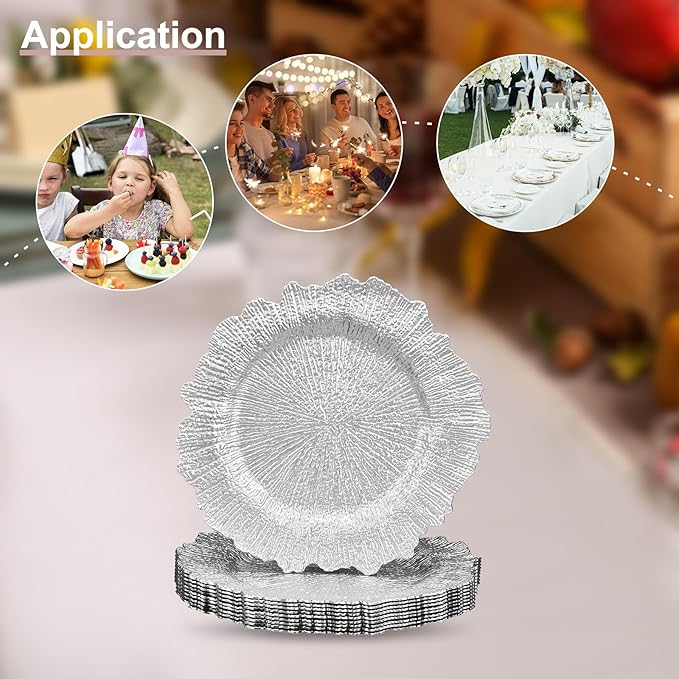 uxcell 10pcs Reef Charger Plates Bulk, 13 Inch Plastic Floral Charger Plates, Round Plate Chargers for Dinner Wedding Party Event Table Setting Decoration Silver