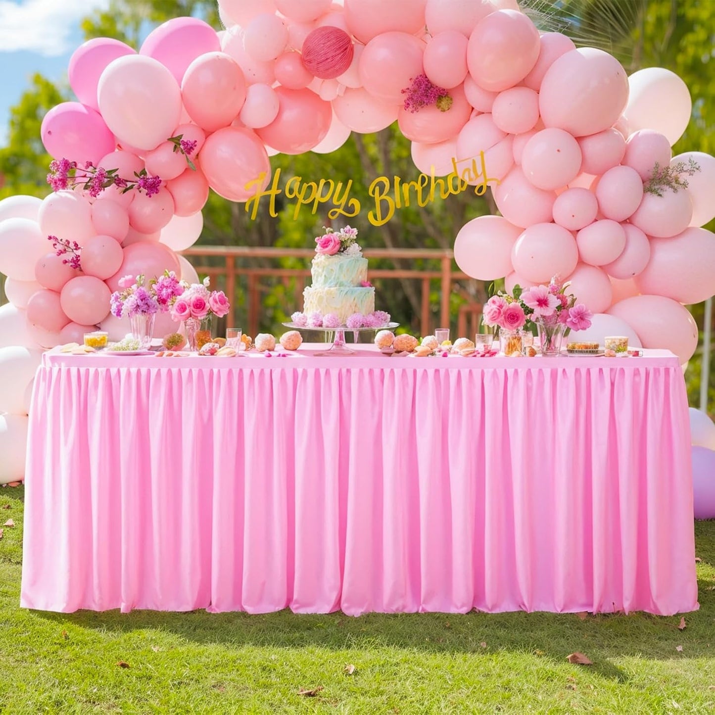3 Pack Pink Polyester Table Clothes for 6 Foot Rectangle Tables, Wrinkle Free Fitted Table Cover with Pleated Ruffle Table Skirt for Party Baby Shower Wedding Birthday Event Display