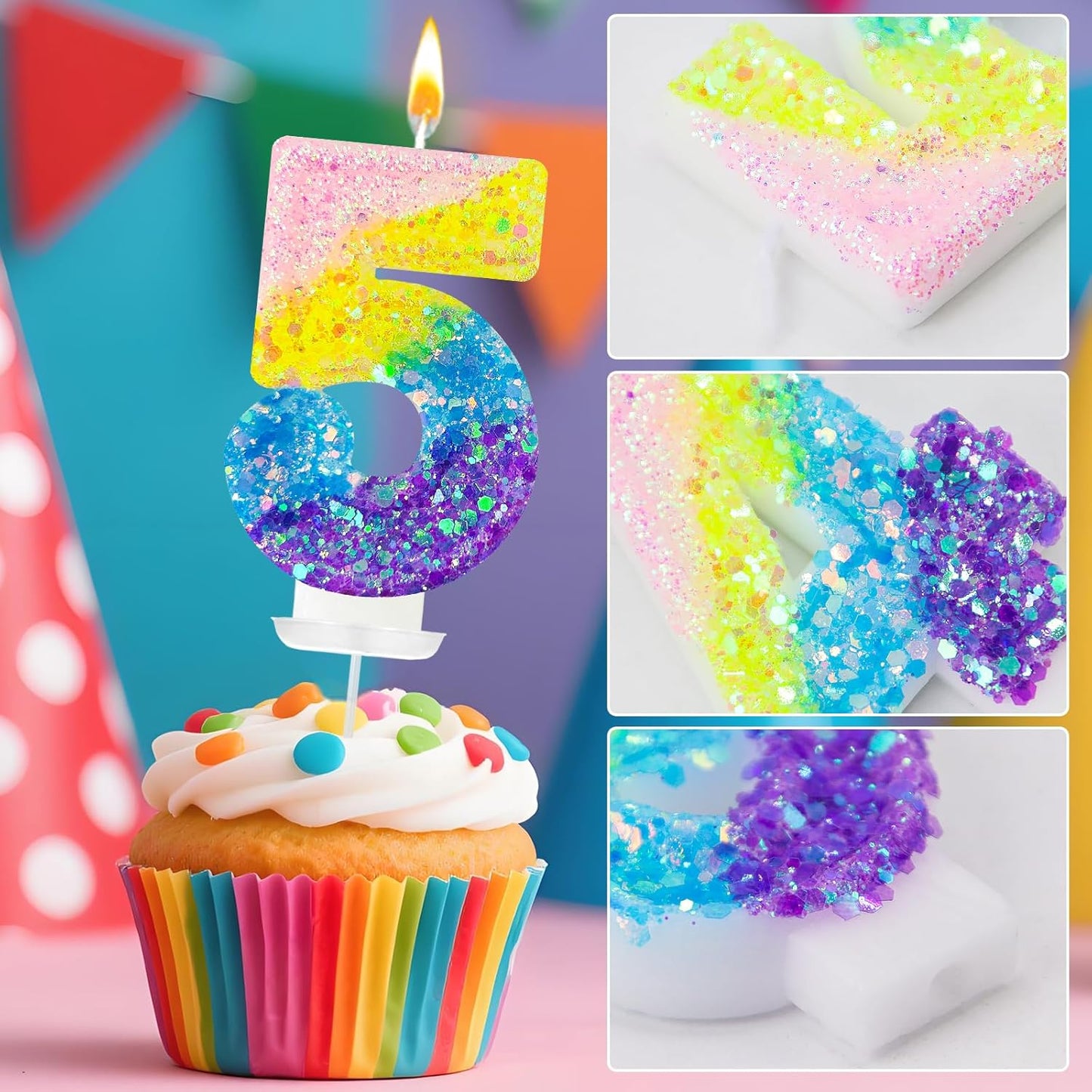 Birthday Candles Pastel Macaron Glitter 3D Rainbow Number Candles for Birthday Cake Girls Women Sweet Theme Birthday Wedding Anniversary Party Cake Decoration (Number 5)