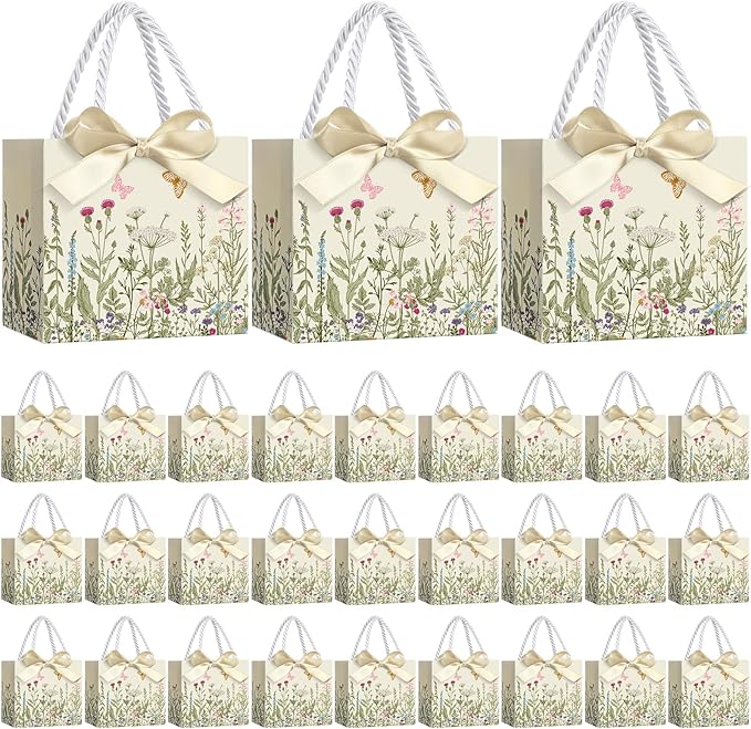 Moinchore 30 Pcs Vintage Wildflower Paper Gift Bags Bulk 5.5 x 4.7 x 2.5 in Mini Flower Plant Favor Bags with Handles Bow Ribbon Wrap for Spring Summer Birthday Home Wedding Party Supplies