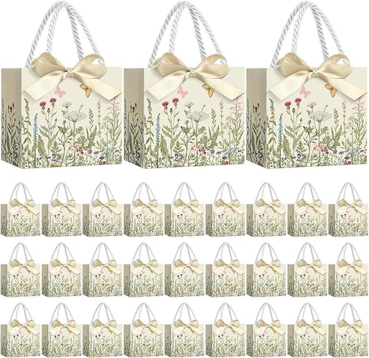 Moinchore 30 Pcs Vintage Wildflower Paper Gift Bags Bulk 5.5 x 4.7 x 2.5 in Mini Flower Plant Favor Bags with Handles Bow Ribbon Wrap for Spring Summer Birthday Home Wedding Party Supplies