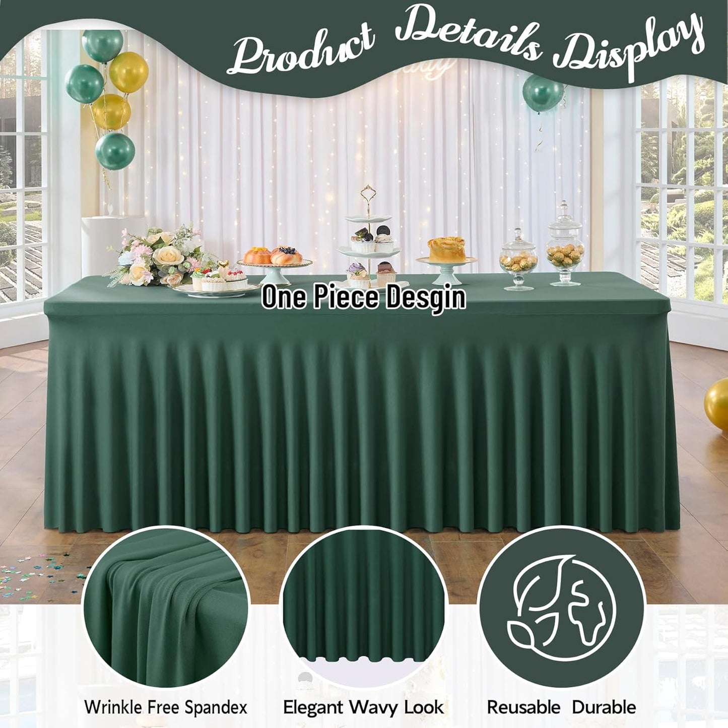 4 Pack Hunter Green Spandex Tablecloths for 8 Foot Rectangle Tables, Wrinkle Free Fitted Table Cloths 8ft Stretchy Table Cloth Cover with Skirt for Parties Weddings Birthday Banquet Baby Shower