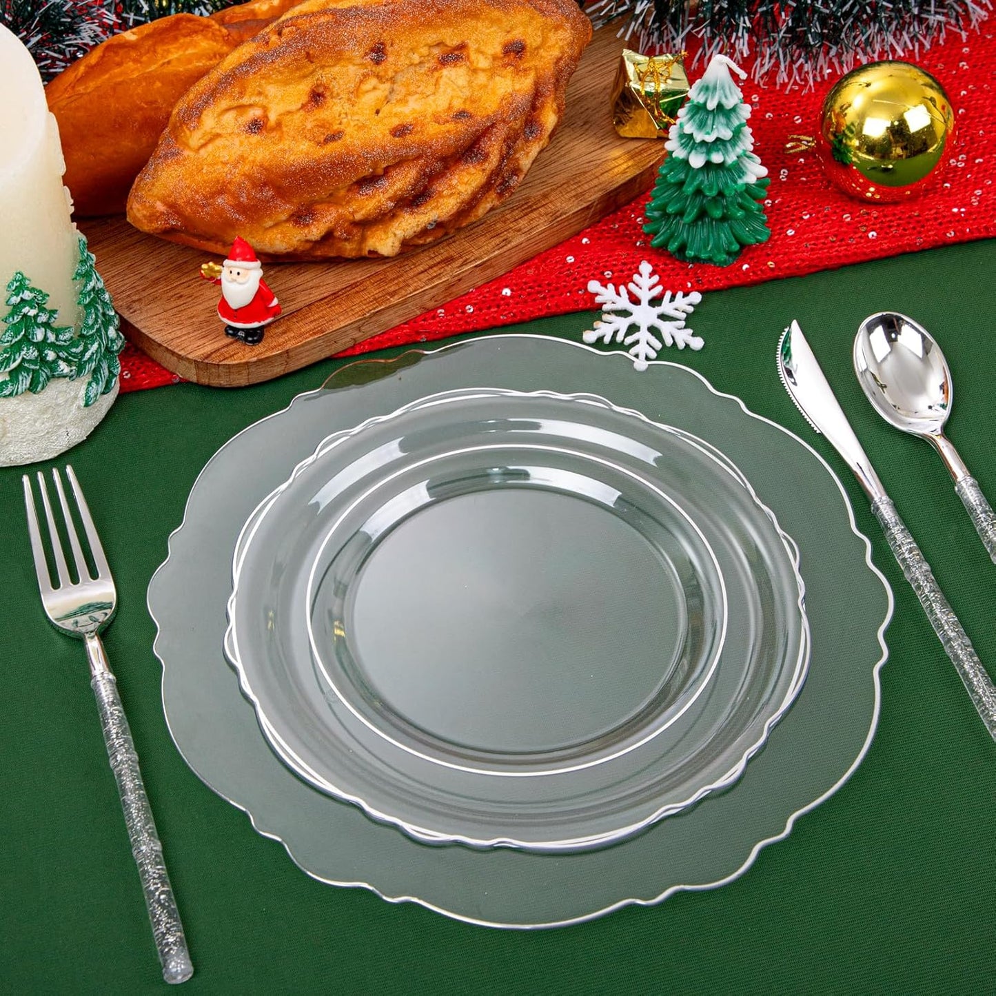 Liacere 150PCS Clear Silver Plastic Plates & Disposable Silver Plastic Silverware with Glitter Bamboo Handle Cutlery-Baroque Clear Disposable Plates for Wedding & Easter day & Mother's Day